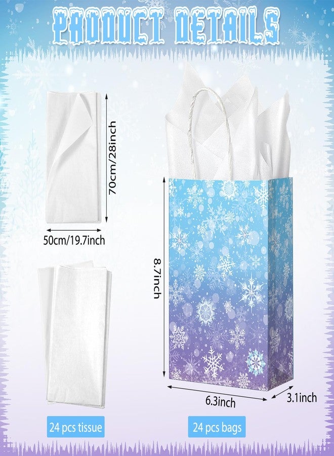 Pascliyna 24 Pcs Winter Snowflake Gift Bags, Blue and Purple Snowflake Goodie Bags Bulk with 24 Tissue Paper, Holiday Kraft Paper Party Favor Bags with Handles for Birthday Christmas Winter Wonderland - Image 2